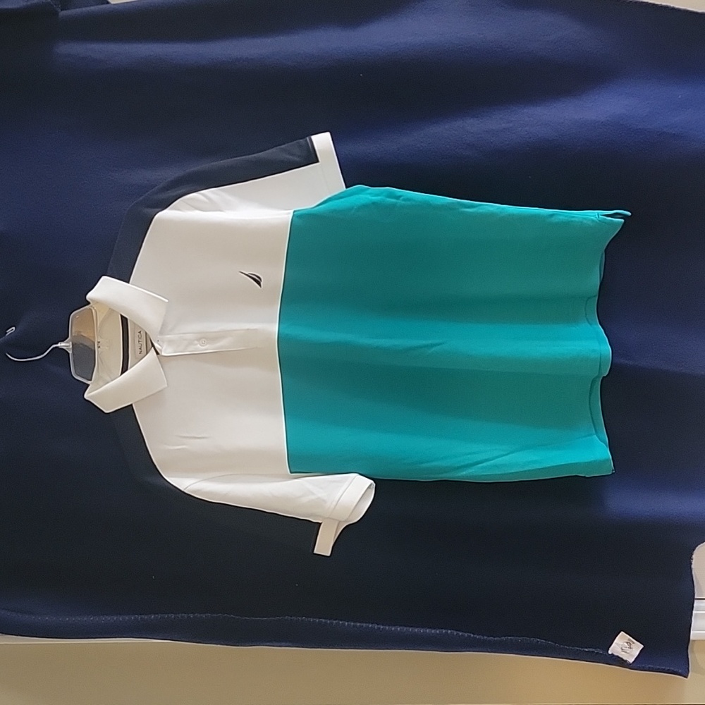 Nautica Men's Polo. Size L. Color white, dark blue & teal